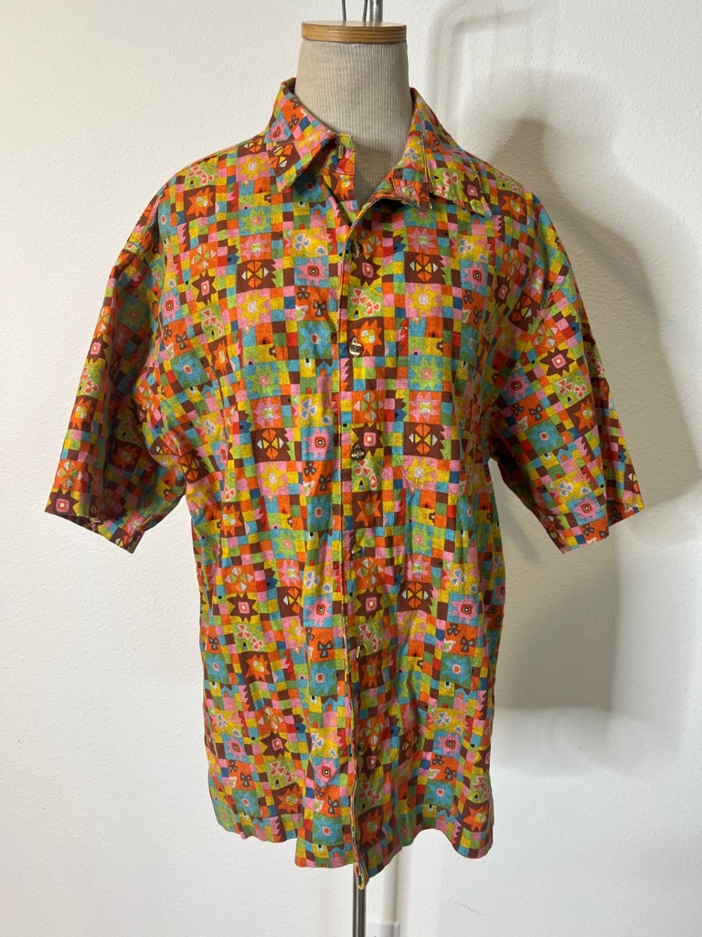 Sayulita Multicolor Geometric Art Short-Sleeve Button-Up Cotton Shirt